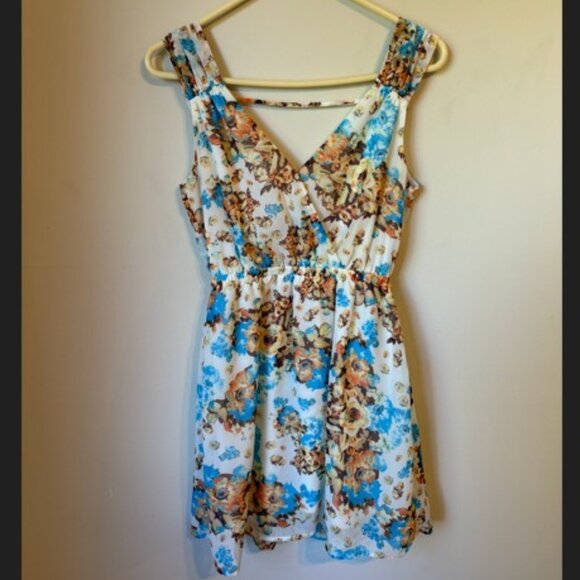 Love Tree Blue Multicolor Floral Print Sleeveless V-Neck Dress Women's Size S - Picture 1 of 5